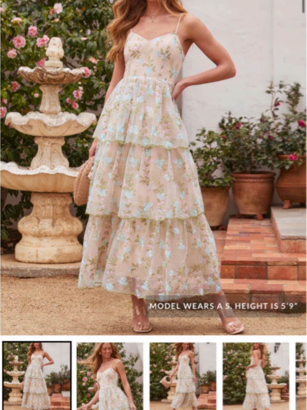 Floral Tiered Spaghetti-Strap Maxi Dress - Nude Pink